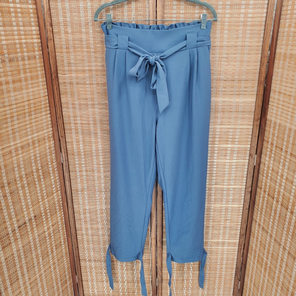 ♧ Grace Karin Light Blue Belted Paperbag Waist Pants Bow Tie Ankle Size Large